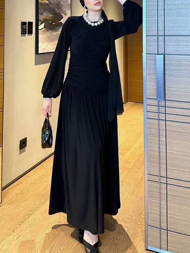 Pleated Long Sleeve Maxi Dress