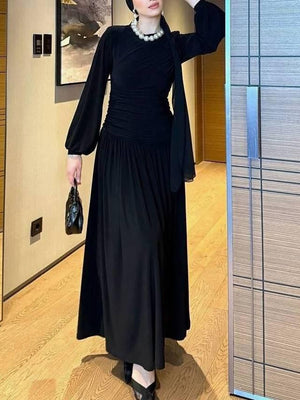 Aurohaya Pleated Long Sleeve Maxi Dress Black