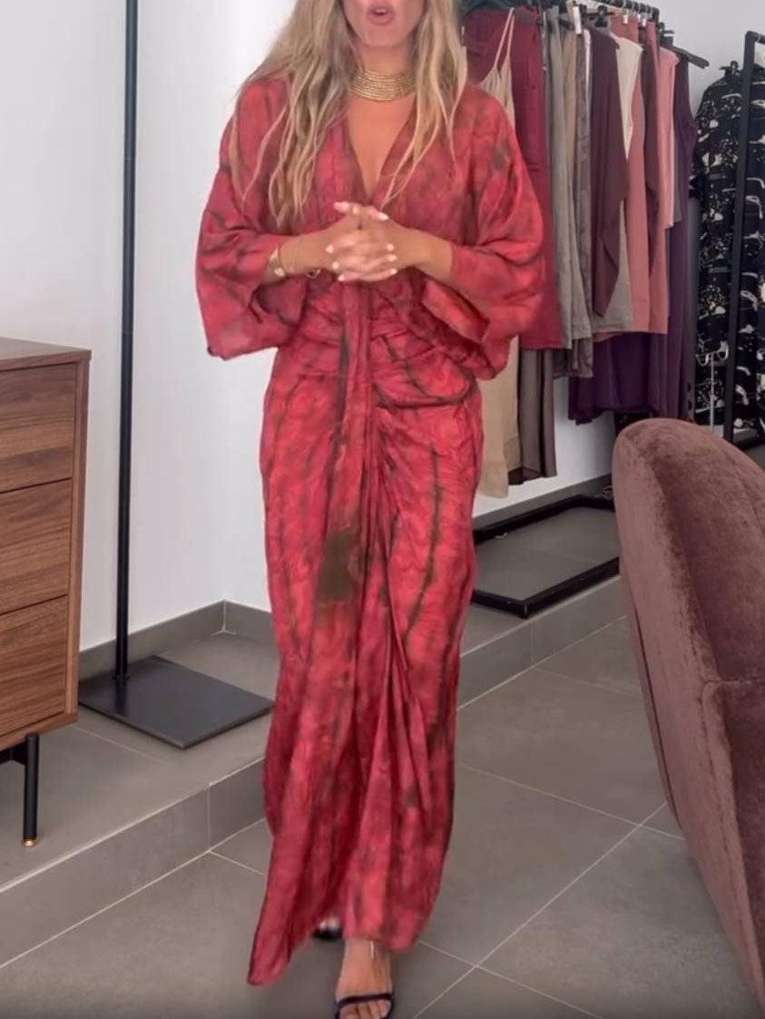 Aurohaya Bohemian Kimono-Inspired Tie-Dye Print Waist-Tie Maxi Dress