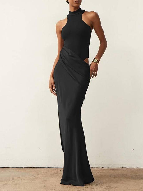 Aurohaya Slim-fit Stitching Hollow-out Maxi Dress Black