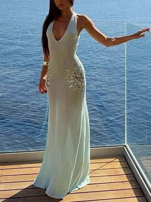 Aurohaya Sequined V-neck Backless Knit Maxi Dress Blue