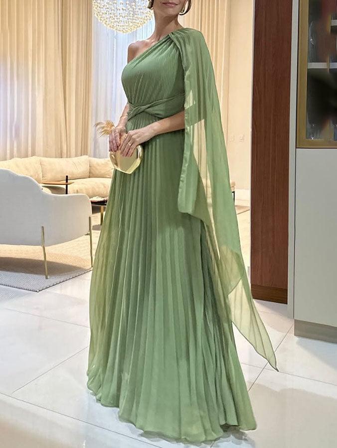 Aurohaya Elegant Flowing Pleated Off-the-Shoulder Maxi Dress