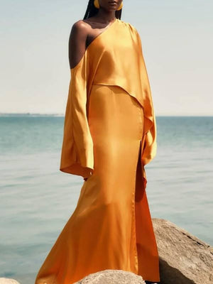 Aurohaya Off-Shoulder Asymmetric Slit Maxi Dress