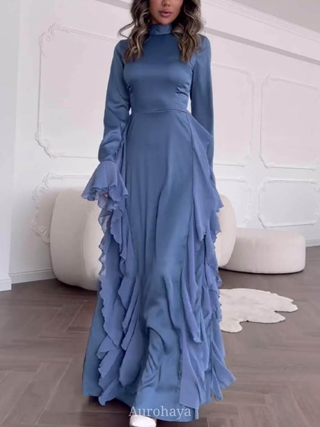 Aurohaya High-Collar Ruffle Splicing Flare-Sleeve Maxi Dress Blue