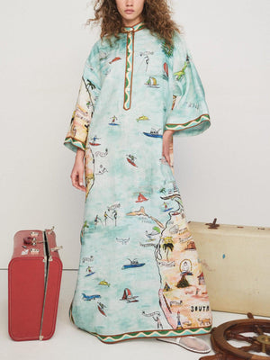 Aurohaya Modern Satin Art Island Print Slit Maxi Dress Green
