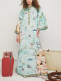 Aurohaya Modern Satin Art Island Print Slit Maxi Dress Green