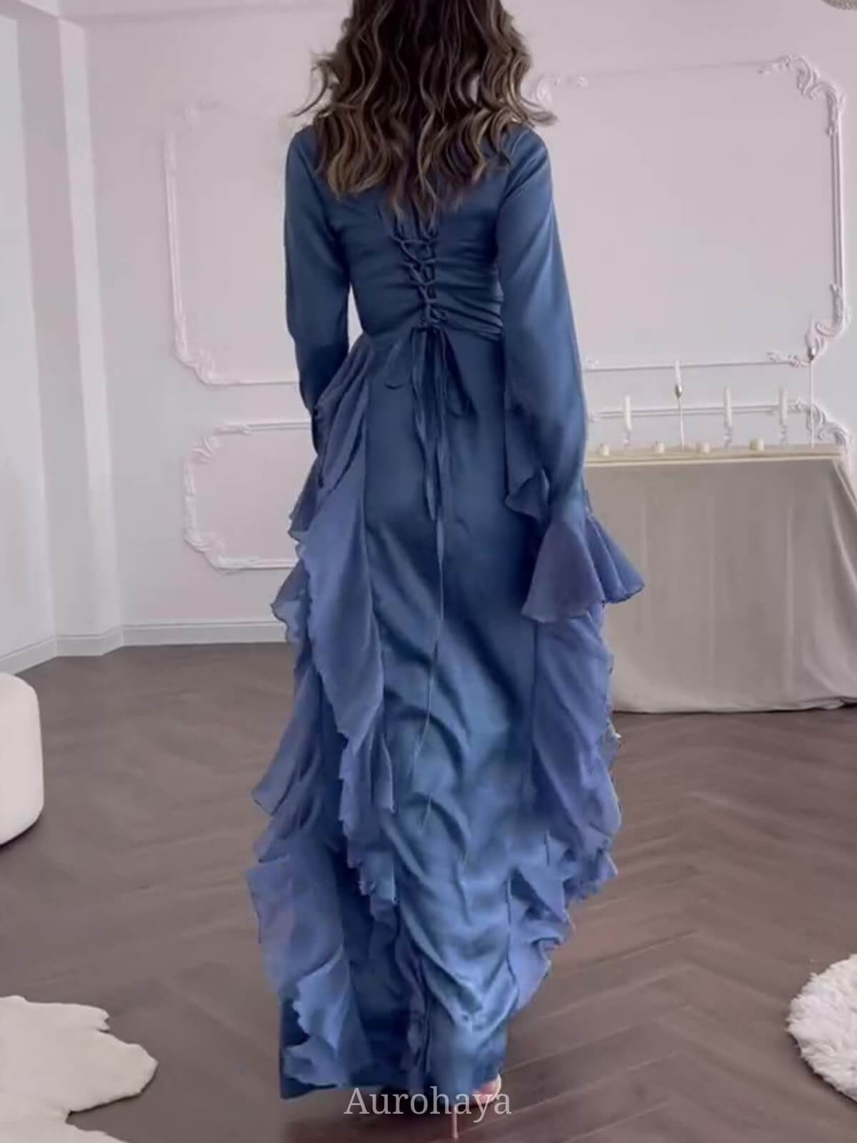 High-Collar Ruffle Splicing Flare-Sleeve Maxi Dress