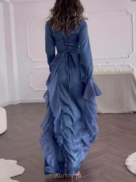 Aurohaya High-Collar Ruffle Splicing Flare-Sleeve Maxi Dress