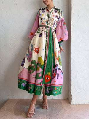 Aurohaya Unique And Beautiful Retro Print Long Sleeve Shirt-Style Midi Dress Multicolor
