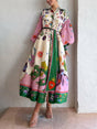 Aurohaya Unique And Beautiful Retro Print Long Sleeve Shirt-Style Midi Dress Multicolor