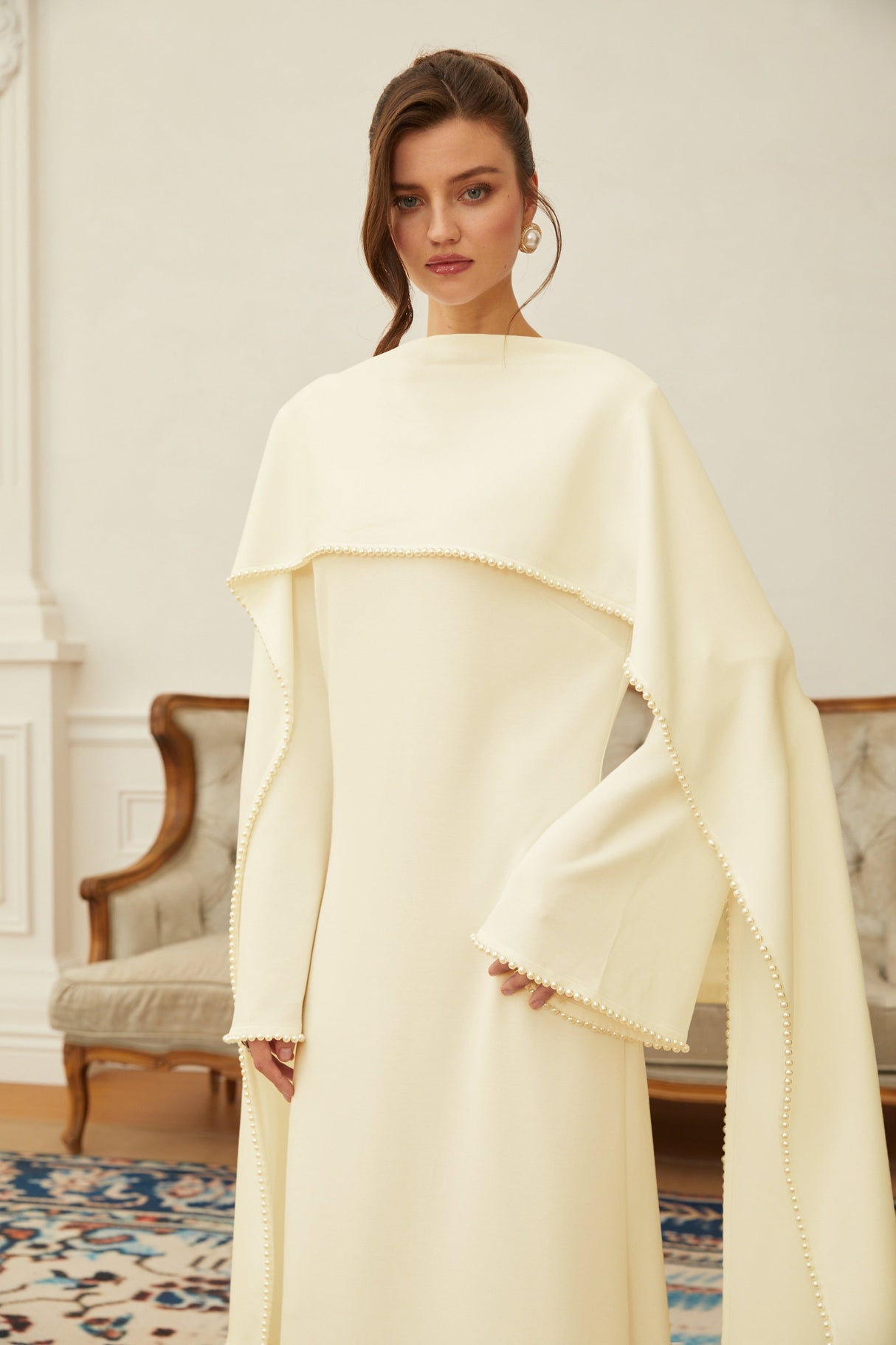 Aurohaya Piroska Yellow Pearl Trim Shawl Detail Maxi Dress
