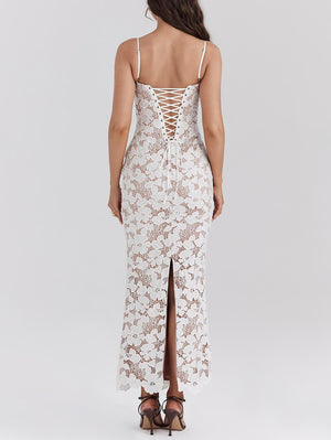 Aurohaya Stylish Sexy Lace Halter See-Through Midi Dress