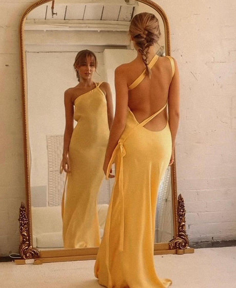 Aurohaya Moonlit Soiree Satin Asymmetrical One Shouder Backless Strap Maxi Dress