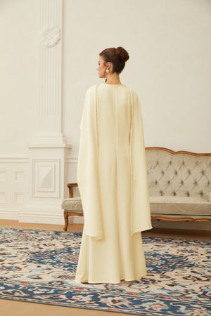 Aurohaya Piroska Yellow Pearl Trim Shawl Detail Maxi Dress