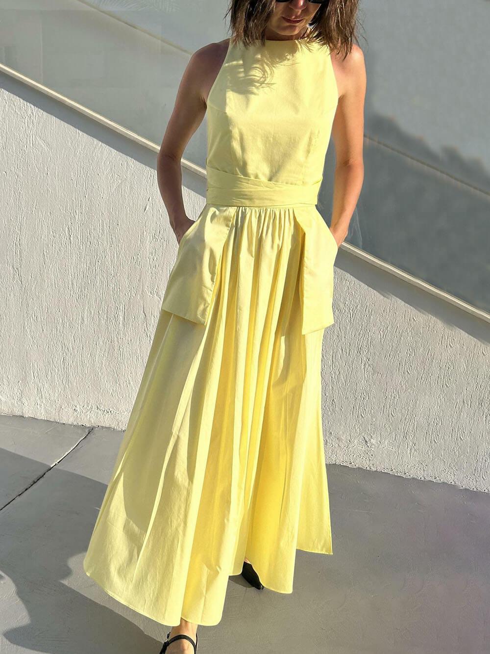 Aurohaya Unique Side Slit Lace-Up Pocket Vest Dress Yellow