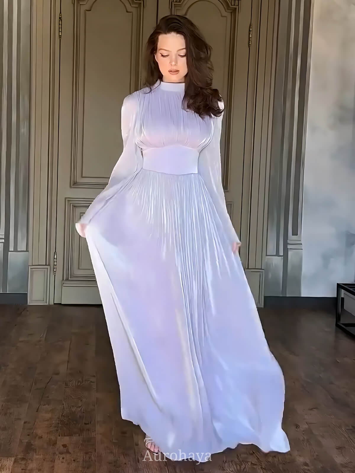 Round Neck Long Sleeve Empire Waist Pleated Maxi Dress