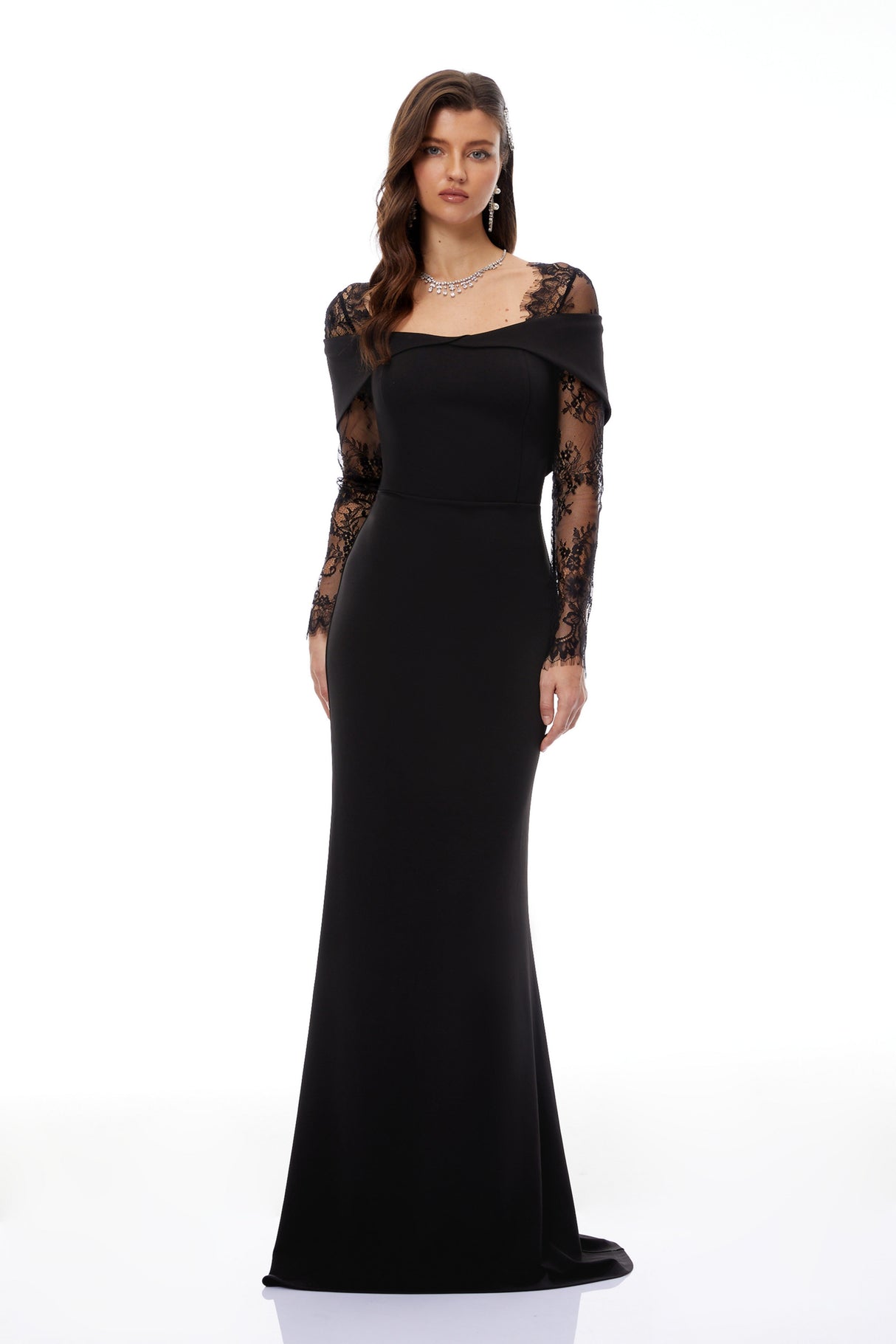 Aurohaya Georgiana Black Lace Panel Flared Maxi Gown