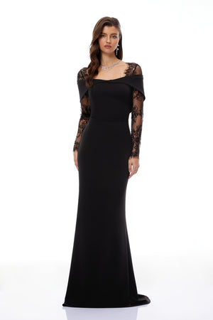 Aurohaya Georgiana Black Lace Panel Flared Maxi Gown