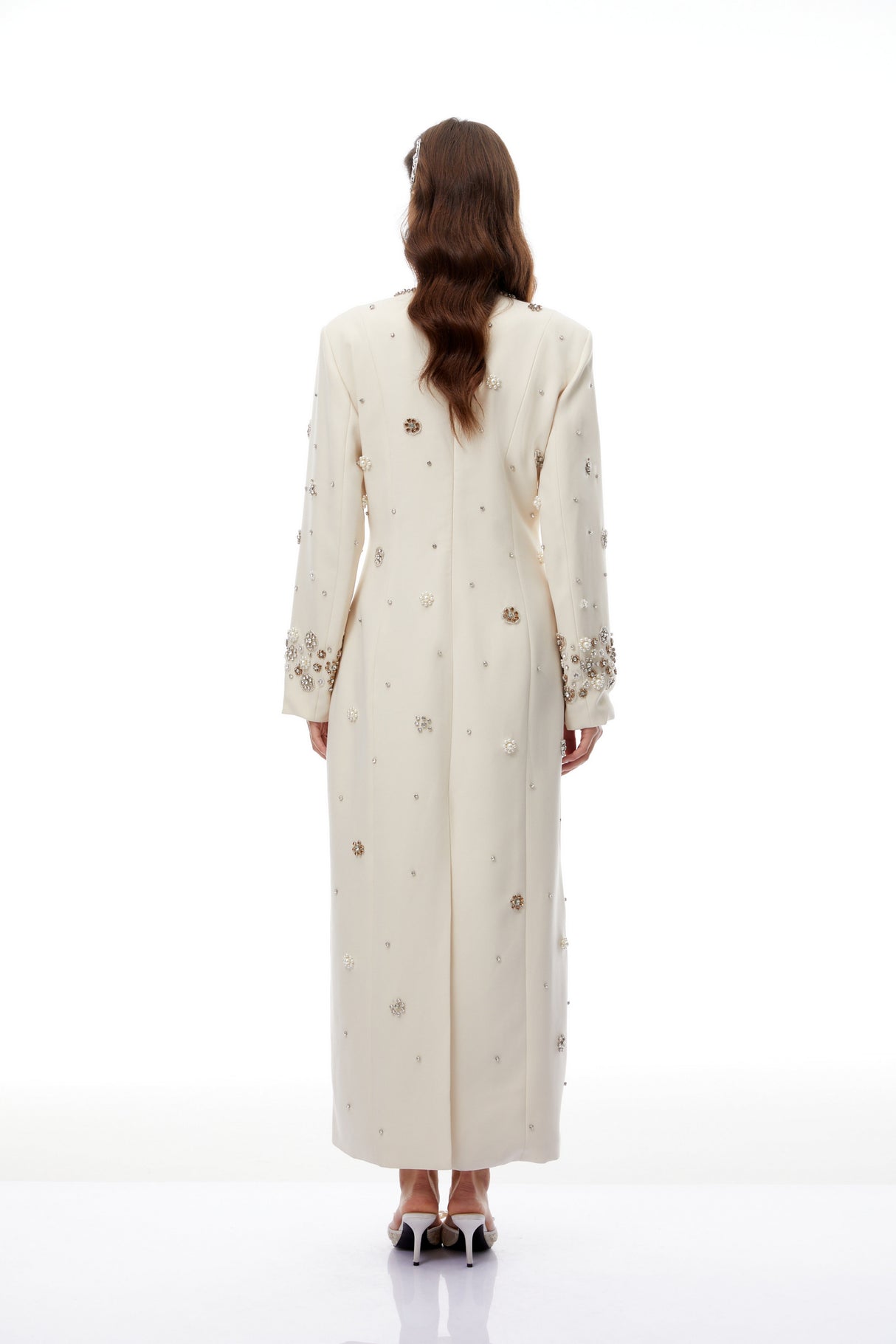 Aurohaya Peyton Cream White Fully Embellished Maxi Dress