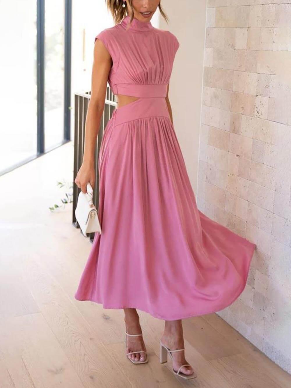 Aurohaya Cutout Waist Pocketed Vacation Midi Dress Pink