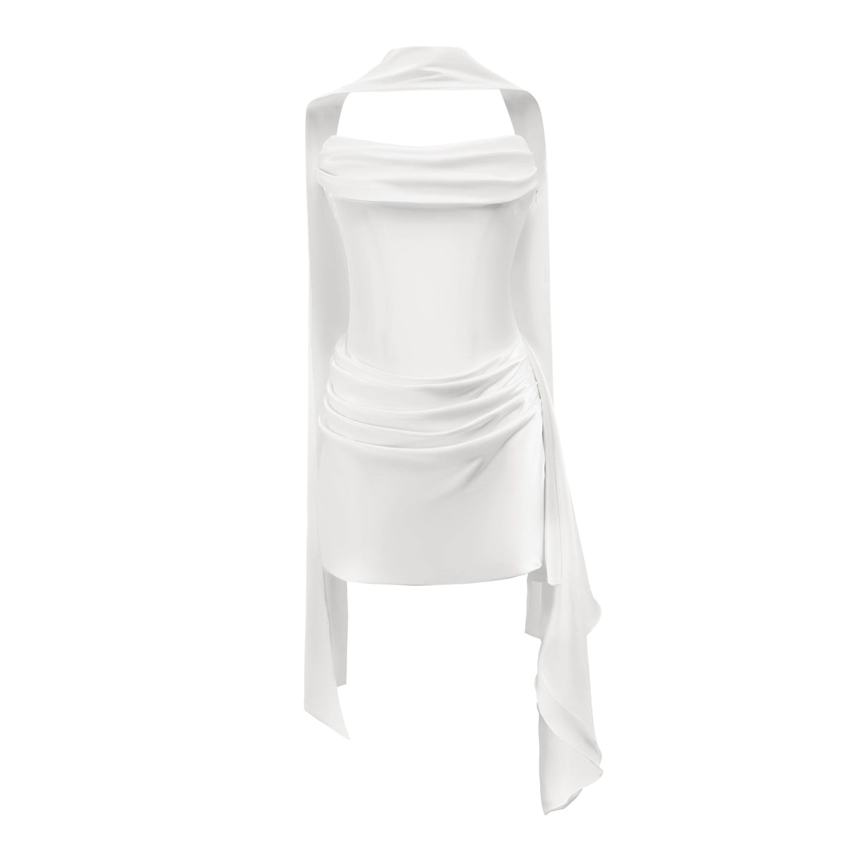Aurohaya Zenina White Ruched Ribbon Detail Mini Dress