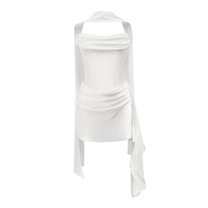 Aurohaya Zenina White Ruched Ribbon Detail Mini Dress