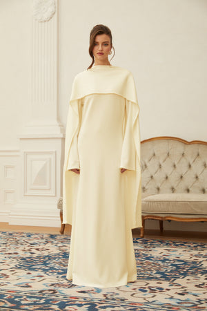 Aurohaya Piroska Yellow Pearl Trim Shawl Detail Maxi Dress