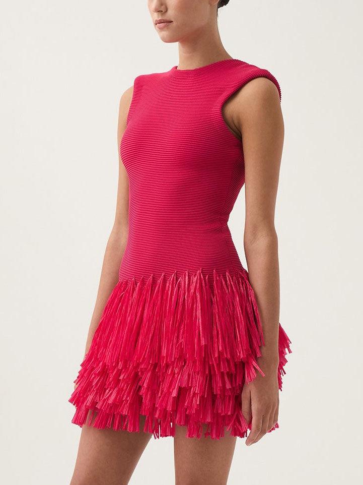 Aurohaya Elegant Raffia Layered Fringed Knitted Mini Dress