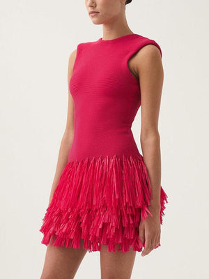 Aurohaya Elegant Raffia Layered Fringed Knitted Mini Dress