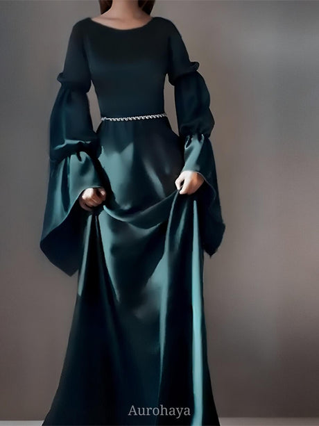 Aurohaya Round-Neck Ornate Trims and Puff Bell Sleeves Maxi Dress, DES108 Green