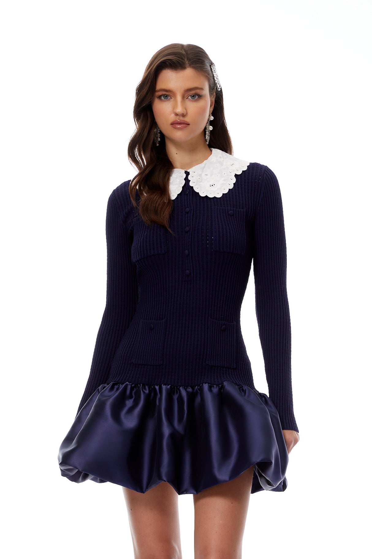 Aurohaya Aroa Navy Blue Satin Panel Knit Mini Dress