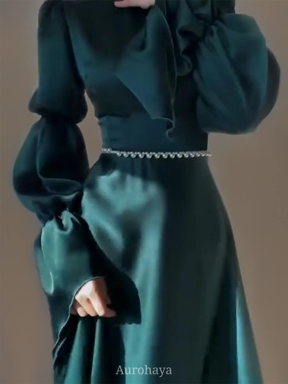 Round-Neck Ornate Trims and Puff Bell Sleeves Maxi Dress, DES108