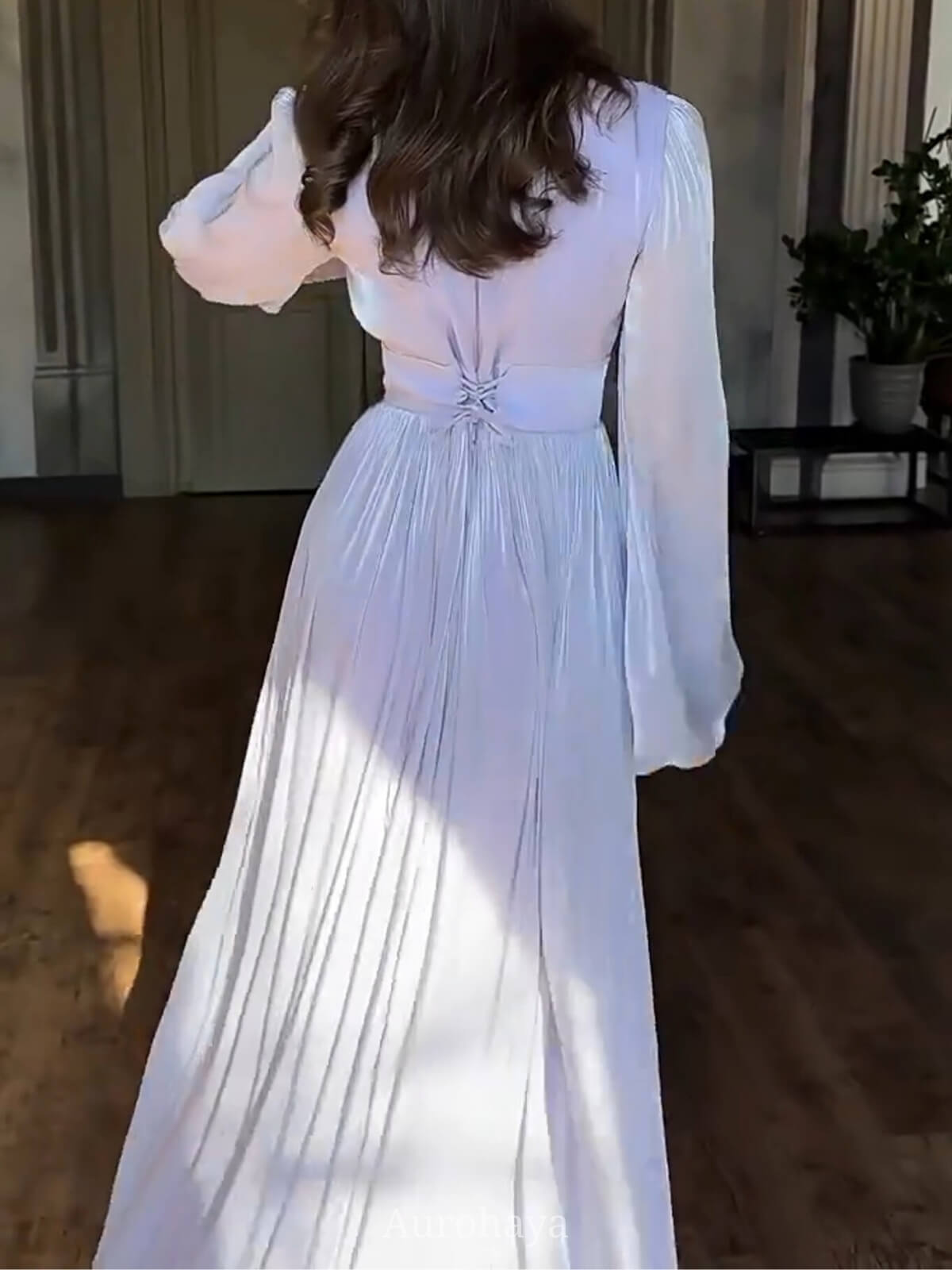 Round Neck Long Sleeve Empire Waist Pleated Maxi Dress