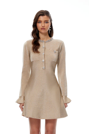 Aurohaya Cayetana Khaki Crystal Embellished Knit Mini Dress