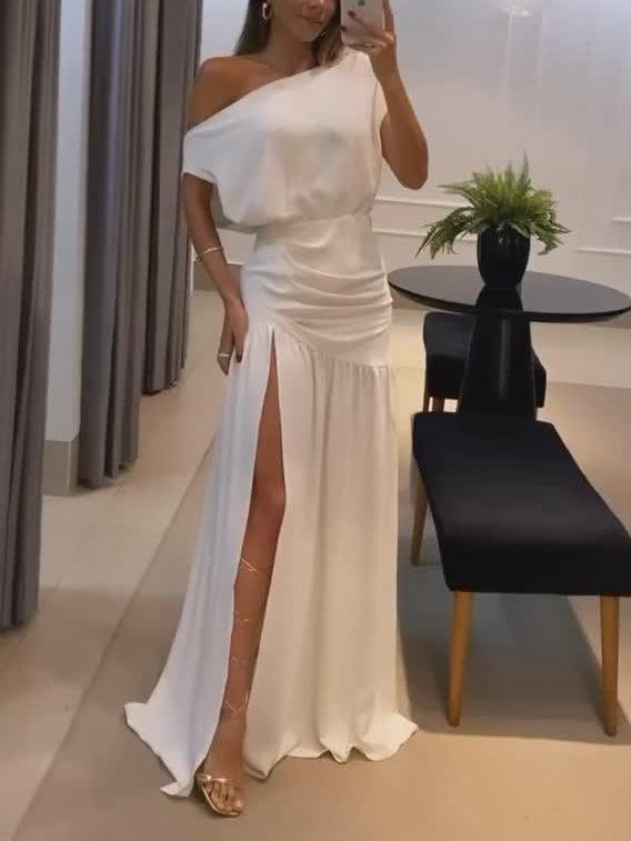 Aurohaya Elegant Slant Neck Slit Floor-Mounting Maxi Dress