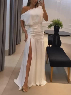 Aurohaya Elegant Slant Neck Slit Floor-Mounting Maxi Dress