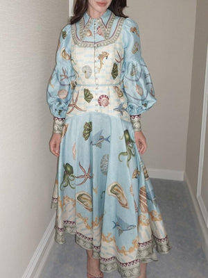 Aurohaya Unique Deep Sea Floral Print Single Breasted Midi Dress