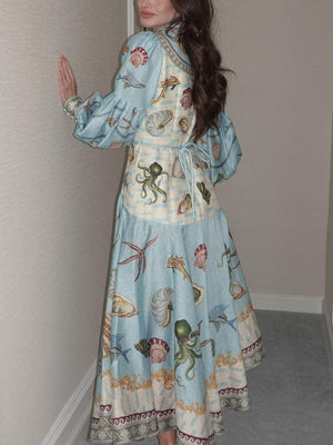 Aurohaya Unique Deep Sea Floral Print Single Breasted Midi Dress