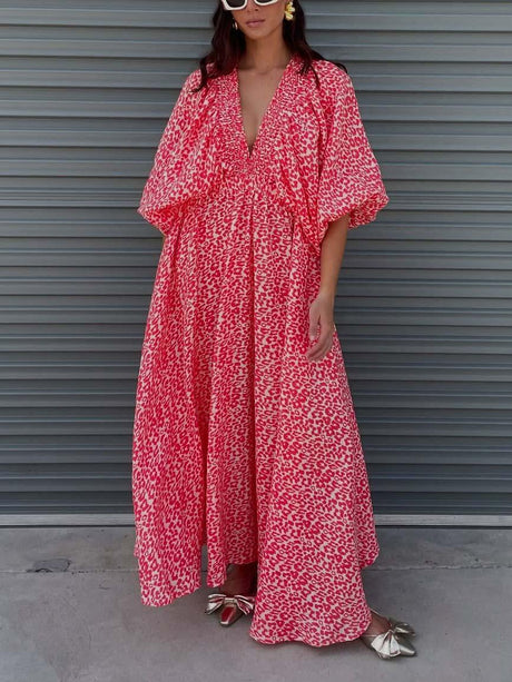 Aurohaya Casual Leopard Print Deep V Neck Maxi Dress Red