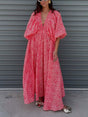 Aurohaya Casual Leopard Print Deep V Neck Maxi Dress Red