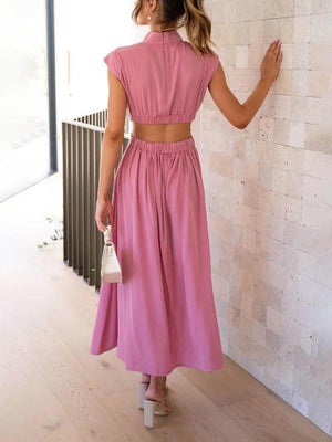 Aurohaya Cutout Waist Pocketed Vacation Midi Dress