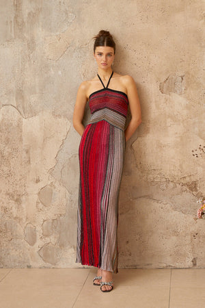 Aurohaya Ulysse Red Metallic Knit Halterneck Maxi Dress