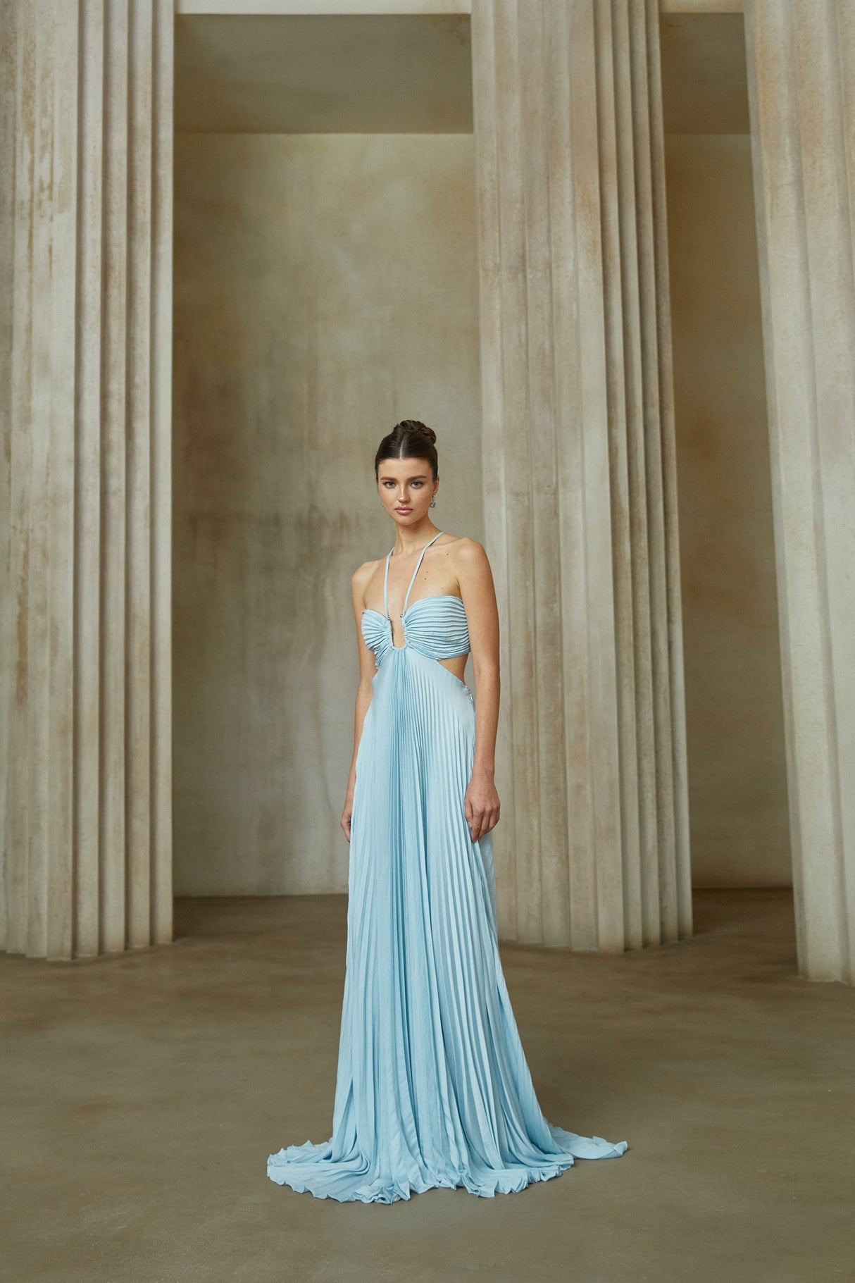 Aurohaya Andréa Blue Pleated Maxi Dress with Cutout Detail