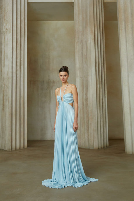 Aurohaya Andréa Blue Pleated Maxi Dress with Cutout Detail