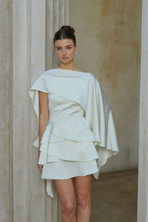 Aurohaya Lyna White Satin Ruffled Mini Dress with Shawl Panel Detail