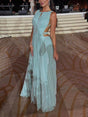 Aurohaya Elegant Hollow Back Sleeveless Pleated Maxi Dress Blue