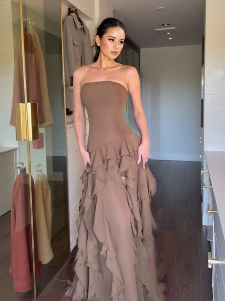 Aurohaya Tube Top Multi-layer Ruffled Side Slit Maxi Dress