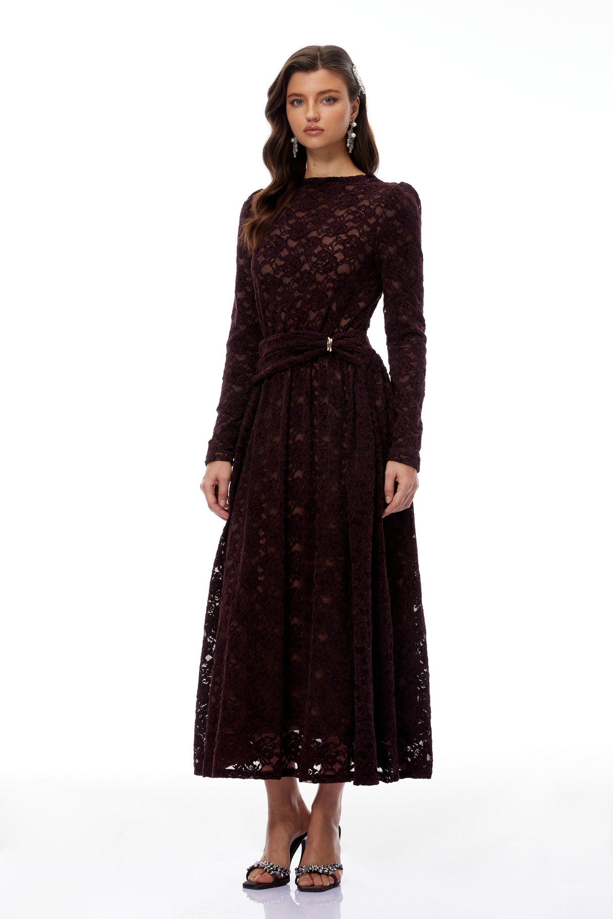 Aurohaya Ricardo Burgundy Chenille Lace Midi Dress