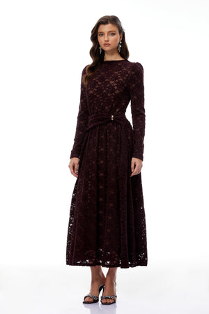 Aurohaya Ricardo Burgundy Chenille Lace Midi Dress