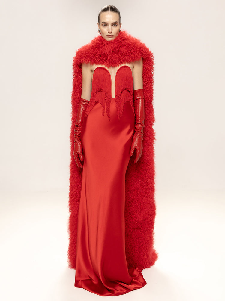 Aurohaya Colombe Strapless Tassel Maxi Dress Red